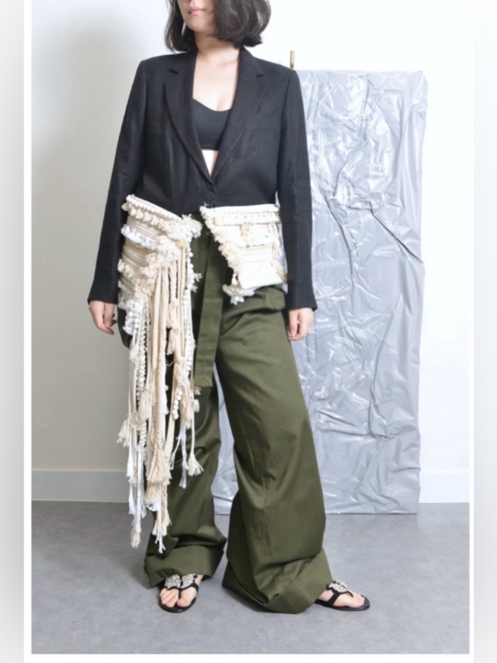 Vintage She’s Gone Avant Garde Cropped Black Blazer W/Macrame Fringe Tassels S